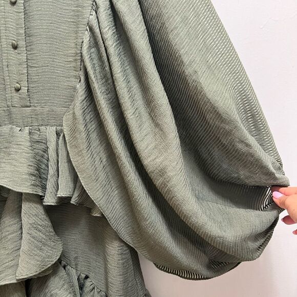 Shona Joy Charlotte Dress Draped Ruffle Balloon Sleeve in Khaki Size 4 - Picture 8 of 11